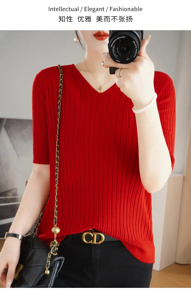 2024 new Women's Clothing Pullovers Sweaters Spring Summer New V-neck Short sleeved Knitted Shirt Base Shirt Solid Color Jumpers