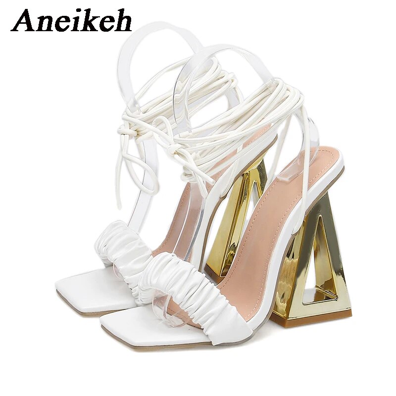 2024Fashion Strange Triangle High Heels Gladiator Sandals Women Pleated Cross Lace Up Summer Open Toe Wedding Prom Shoes