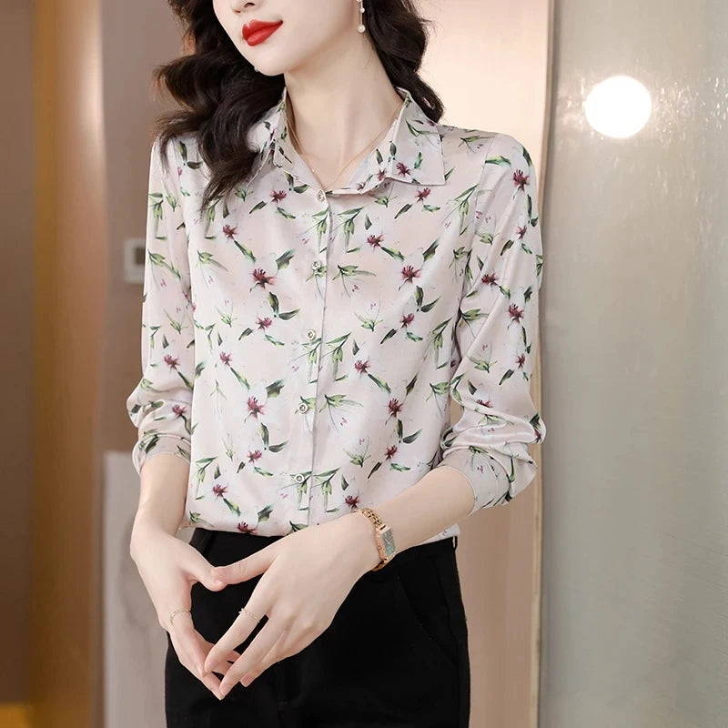 ARWEN & AJH GROUP Chic Printed Casual Office Shirts For Women Long Sleeve Silk Satin Fashion Women Blouses 2024 Elegant Female Tops  ARWEN & AJH GROUP