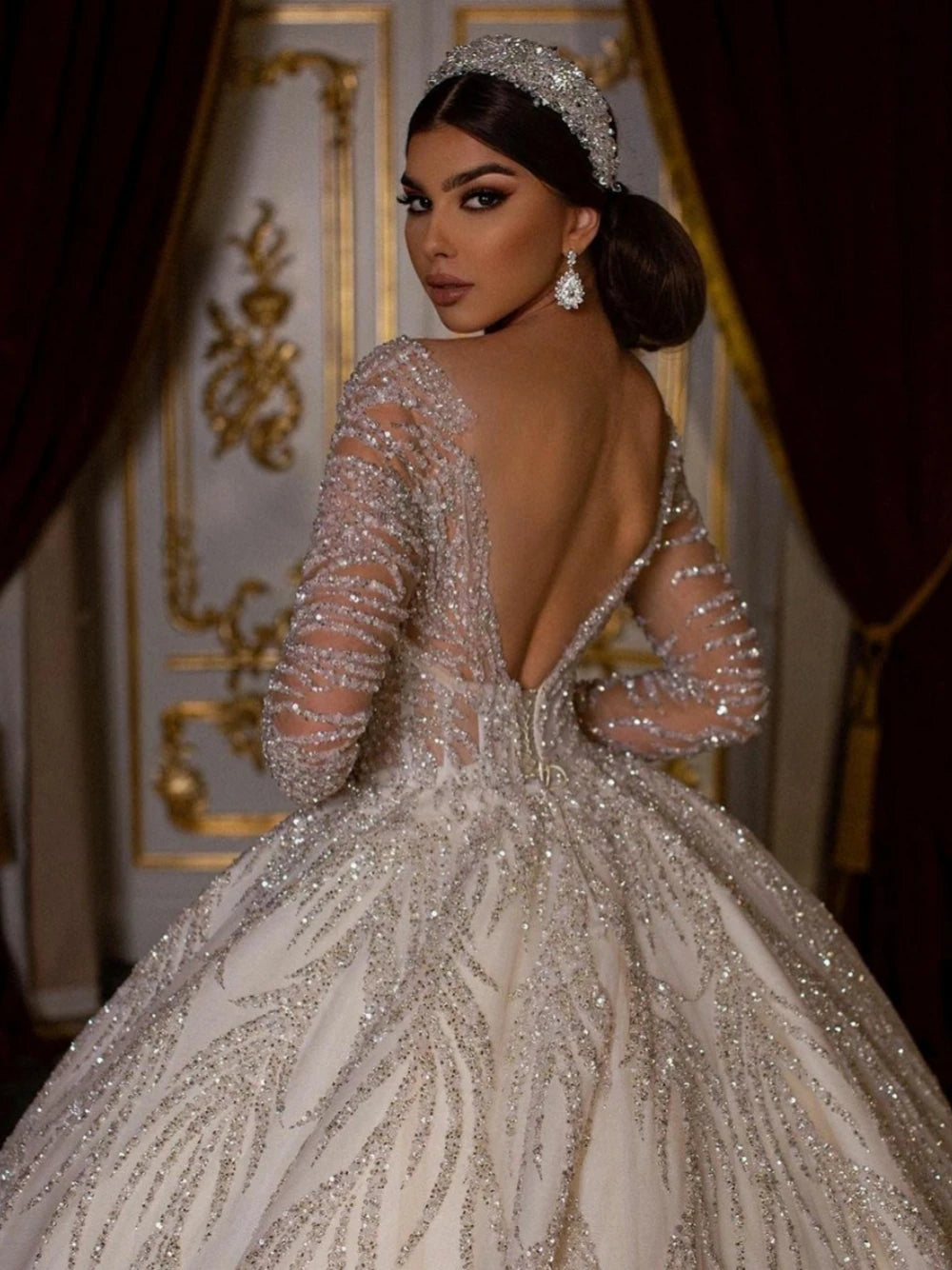 مجموعة اروين arwen & AJH GROUP Classic O-neck Long Sleeve Wedding Dress Sparkly Sequins Bride Robe Luxury Ball Gown Long Bridal Gown Robe