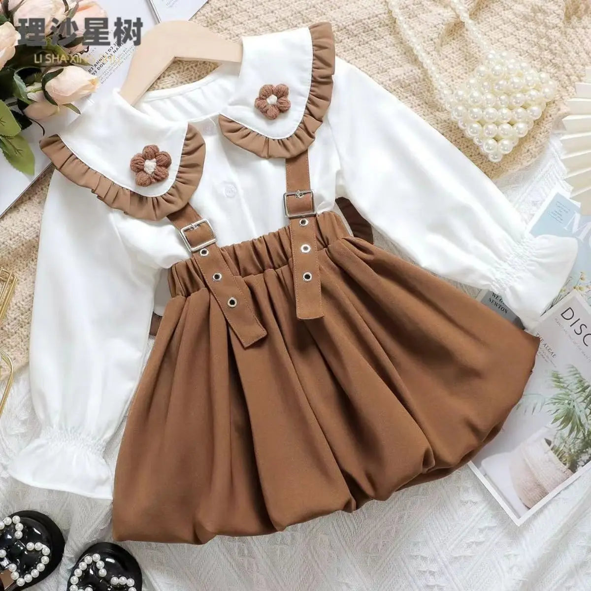 Kids Outfits Girls' Set Spring and Autumn 2023 New Western-style Fashion Splice Versatile Strap Dress Two Blouses Kids Outfits