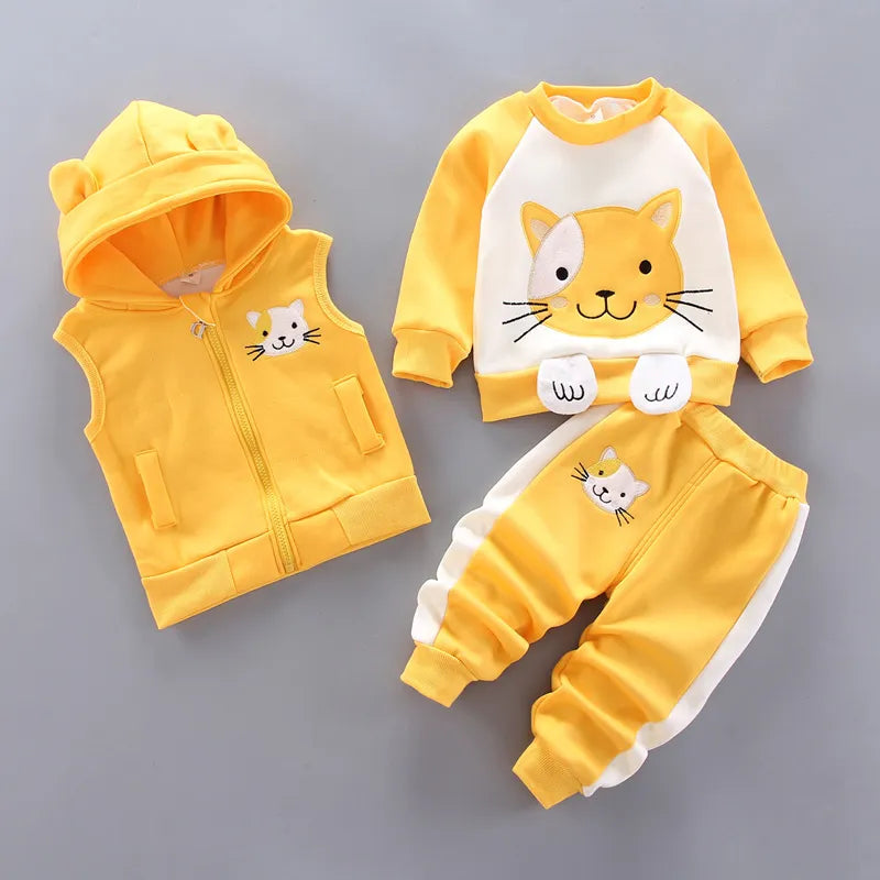 Winter Cold Children Set Boy Girl Thicken Plush Warm 2024New Cartoon Bear Vest+Top+Pant 3Pcs for Kids Clothes Baby Clothing Set