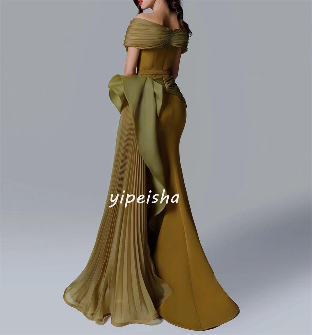 Retro Fashion Jersey Sash Pleat Ruched Draped Mermaid Off-the-shoulder Long Dresses Cocktail Dresses Sizes Available Matching