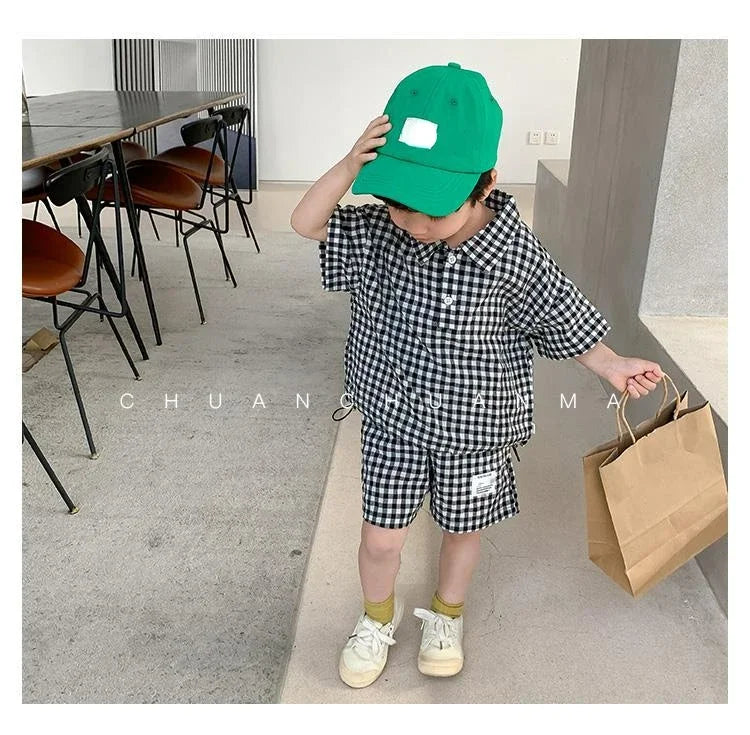 Children Clothing 2023 New Fashionable Boys Clothes Set Spring Summer Kids Sports Style Short Sleeves Plaid Shorts Two Piece Set