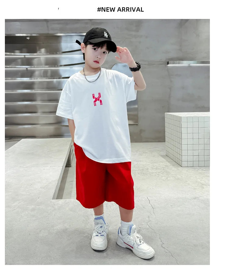 Junior Boy Summer Short-sleeved Suit Loose T-shirt + Shorts Sports Two-piece Suit Trendy Loungewear Outfit Children's Set