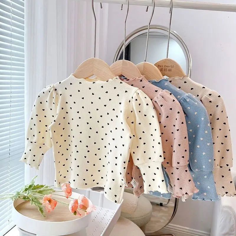 3-7 Years Kids T-Shirt Autumn Spring Half-turtleneck Puff Sleeves Heart Pattern Long Sleeved Tops Girls Cotton Clothes