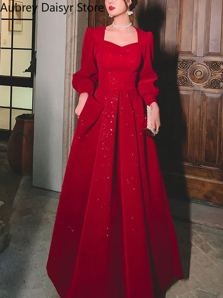 Elegant Red Sequins Midi Dress Women Vintage V-neck Formal Occasions Evening Party Dresses Fashion Chic Design New in Dresses