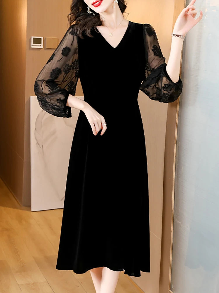 مجموعة أروين Women Elegant Luxury Party Evening Dress 2024 Black Velvet Patchwork Embroidery Sleeve Dress Autumn Winter Vintage Hepburn Dress