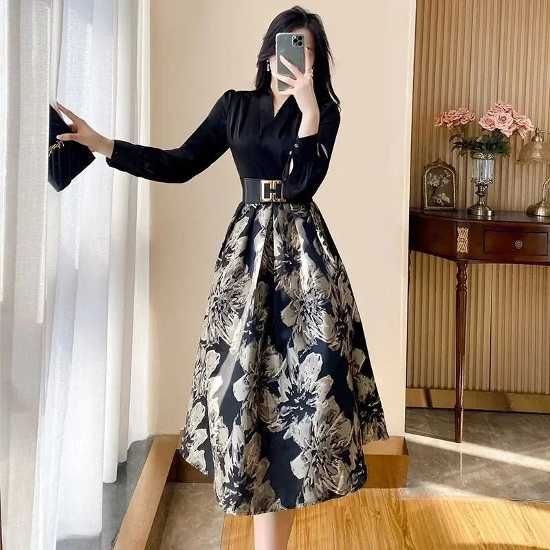 ARWEN & AJH GROUP Women's Printed Dress Autumn Winter 2024 New Luxury Celebrity Temperament French Fake Two Piece Long Sleeve Dress Female