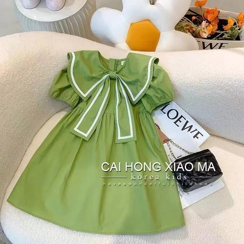 Girls College Style Green Dress Summer Korean Version Children's Fresh And Cute Princess Dress Stylish Bow Dress New 2024