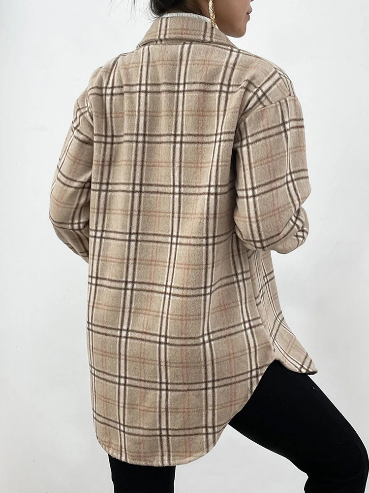 ARWEN & AJH GROUP Autumn Spring   Plaid Shirt Women Casual White Long Sleeve Pocket Collared Shirts Top Clothes Fashion New 2023 Fall