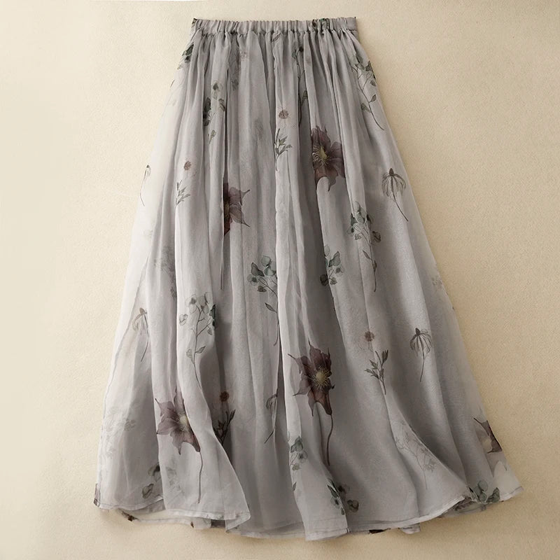 Cotton and Linen Printed Double-Layer High Waist Skirt Women's 2024 Summer New Retro Artistic Loose Elegant Casual Skirt