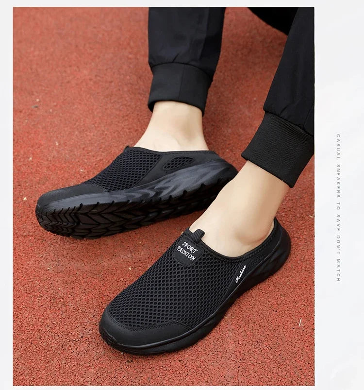 YRZL Men Half Slipper New Style Lat-soled Wild Flat-bottomed Summer Breathable Mesh Thin Section Baotou Slippers Man