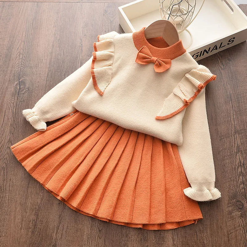 Casual Girls Dress Knitting Kids Suit Winter Long Sleeves Princess Top and Skirt 2pcs Outfits Sweater Kids Clothes