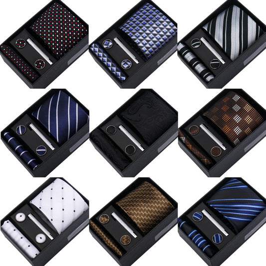 Fashion Elegant Men's Necktie Gift Box Striped Tie Handchief Cufflink Tie Clip 4 pcs Set Wedding Business Party Suit Accessories