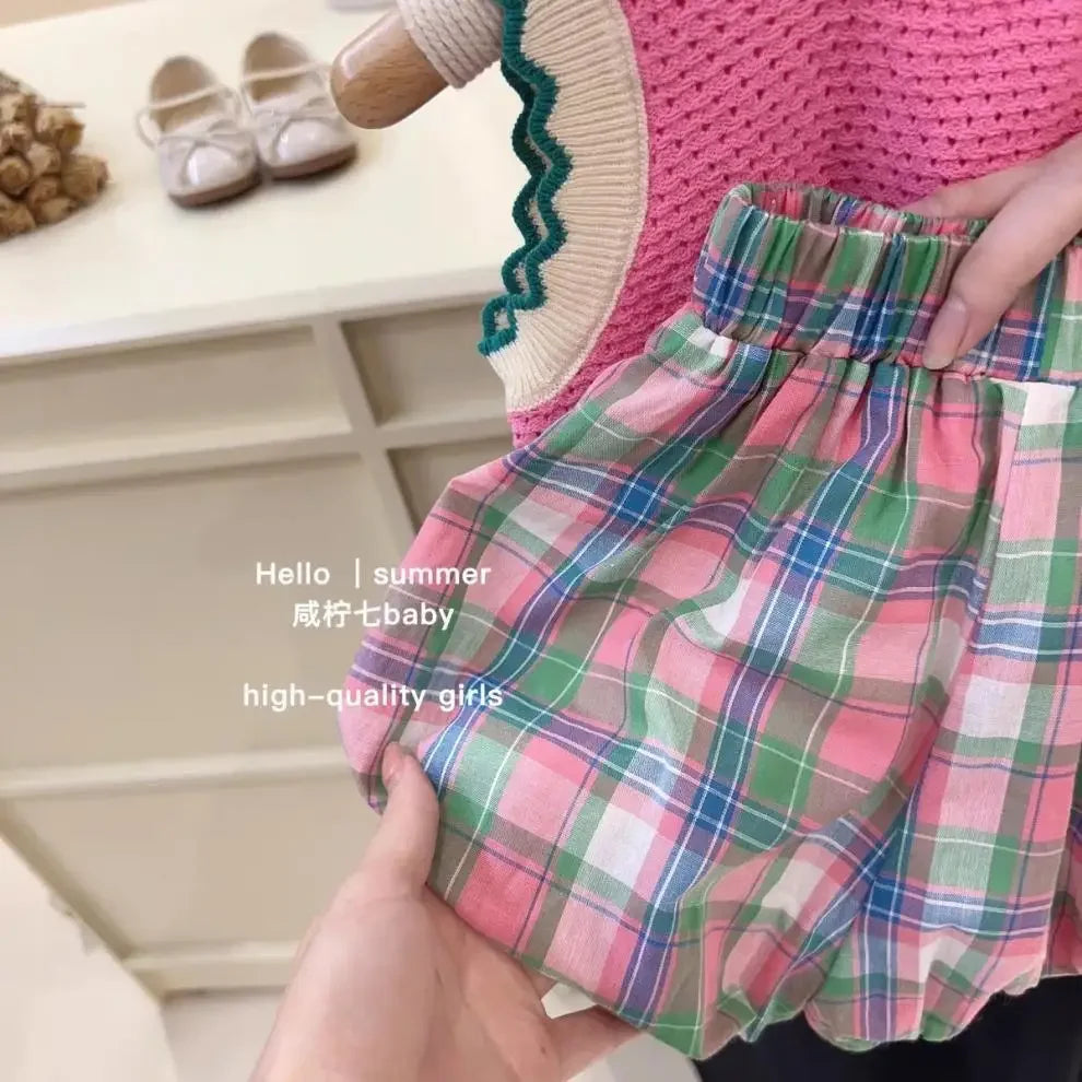 Girl's Children's Clothing Suit Summer Pink Knitted Vest+Plaid Bud Shorts Two-piece Set for Outer Wear Leisure Style Loungewear