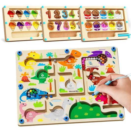 Montessori Magnetic Color Sorting Games Maze Board Pen Moving Bead Games Wooden Control Sensory Play Educational Toys for Kids