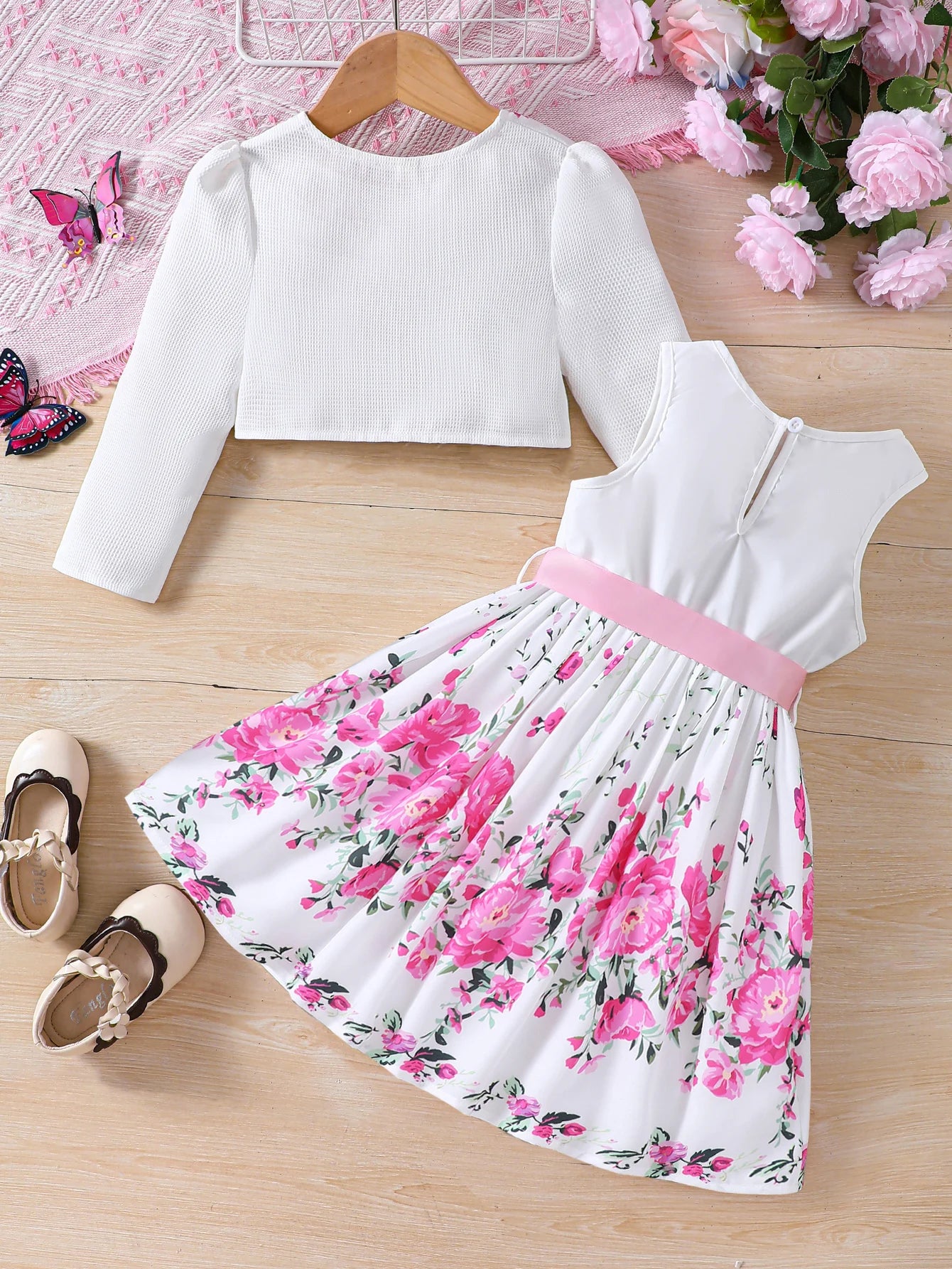 2024 Girls Spring/Summer New Product Two Piece Sweet Flower Dress+Cardigan Small Coat For Children And Girls 2-6 Years Old