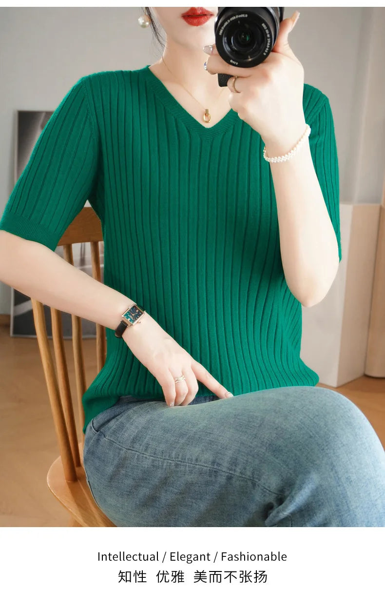 2024 new Women's Clothing Pullovers Sweaters Spring Summer New V-neck Short sleeved Knitted Shirt Base Shirt Solid Color Jumpers