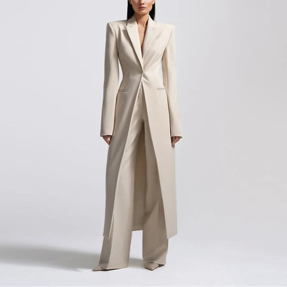 New Arrival Women Pants Set Fashion Peak Lapel One Button Long Coat Office Lady Formal 2 Piece Solid Color Custom Suit Slim Fit