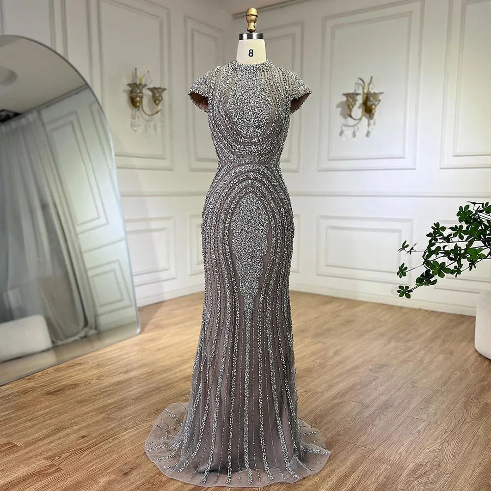 ARWEN&AJH GROUP مجموعة اروين التجاريه2024 2024 Arabic Dubai Gray Nude Mermaid Floor Length Beaded Luxury Evening Dresses Gowns for Women Wedding Party