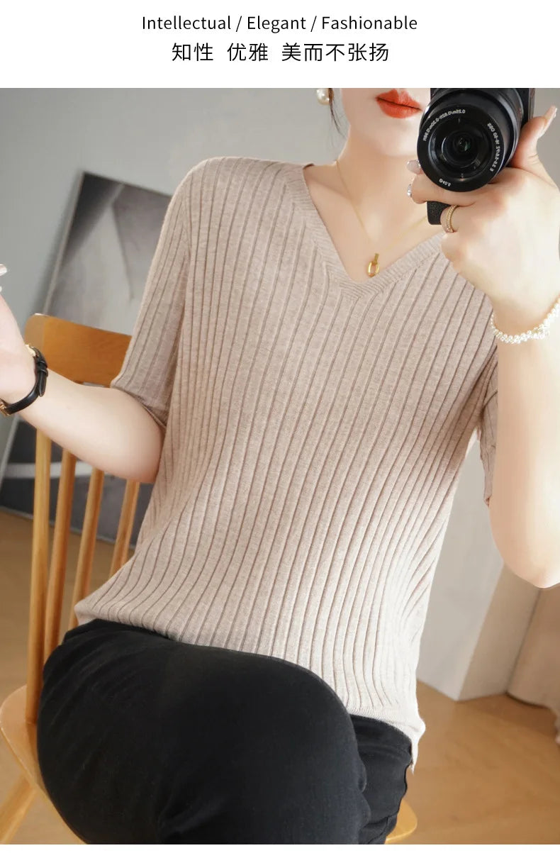 2024 new Women's Clothing Pullovers Sweaters Spring Summer New V-neck Short sleeved Knitted Shirt Base Shirt Solid Color Jumpers