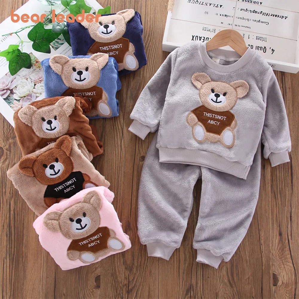 Bear Leader Girls Sets Winter Flannel   Set Long-sleeved Bear Patch Cloth Hoodie Pants Autumn and Winter Warm Boy 2pc Set