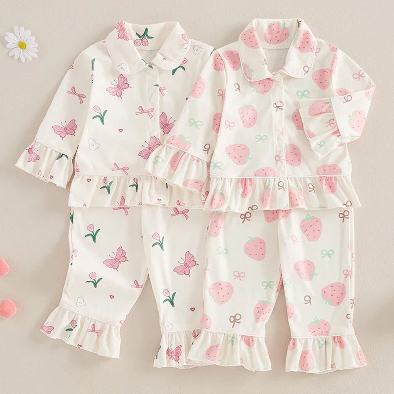 Fashion Children Kids Baby Girls Pajama Sets Strawberry/Butterfly Print Ruffles Long Sleeve Button Shirts Tops Pants Loungewear