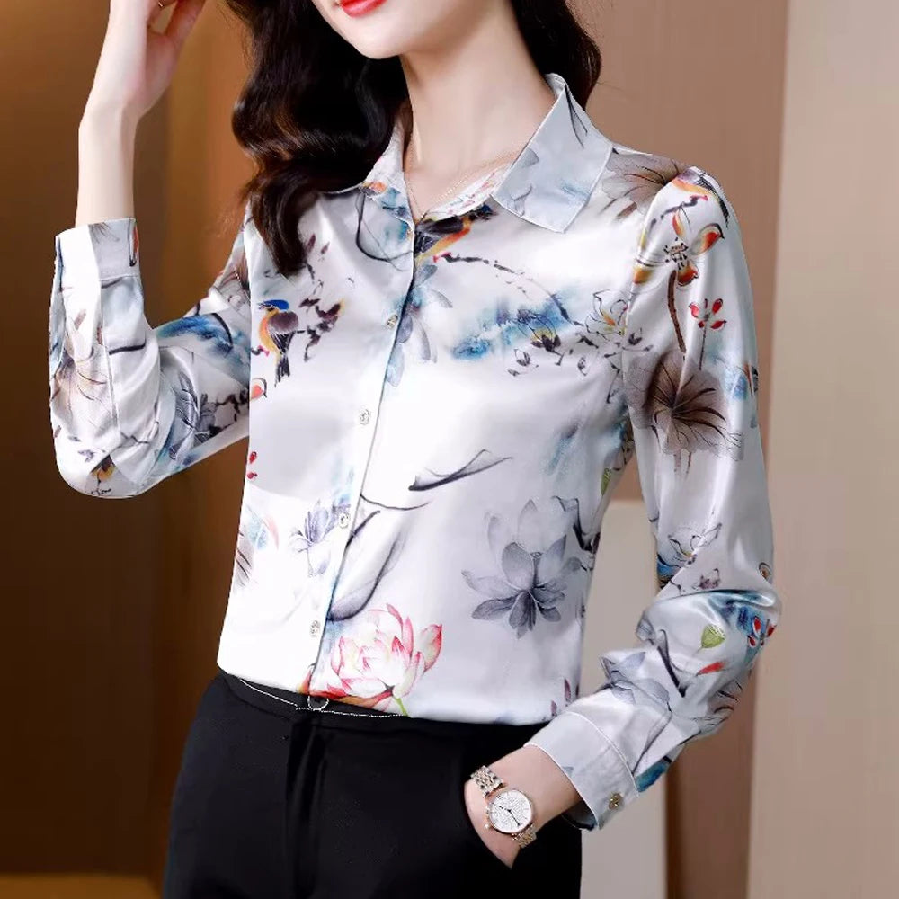 ARWEN & AJH GROUP Chic Printed Casual Office Shirts For Women Long Sleeve Silk Satin Fashion Women Blouses 2024 Elegant Female Tops  ARWEN & AJH GROUP