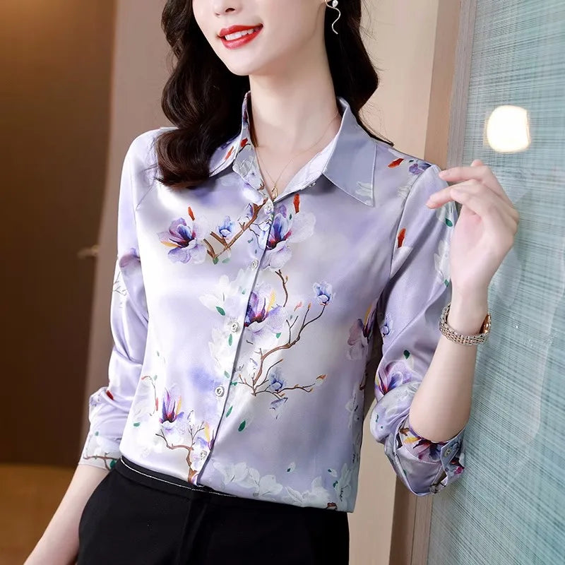 ARWEN & AJH GROUP Chic Printed Casual Office Shirts For Women Long Sleeve Silk Satin Fashion Women Blouses 2024 Elegant Female Tops  ARWEN & AJH GROUP