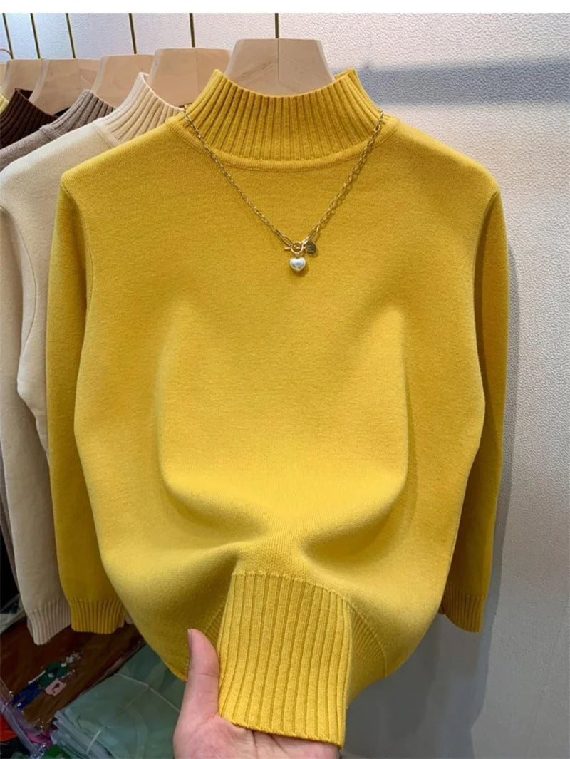 2024 Autumn Women Pullover Sweater Fashion Half Turtleneck Knitted Female Jumper Long Sleeve Winter Black Soft Elastic Blouse