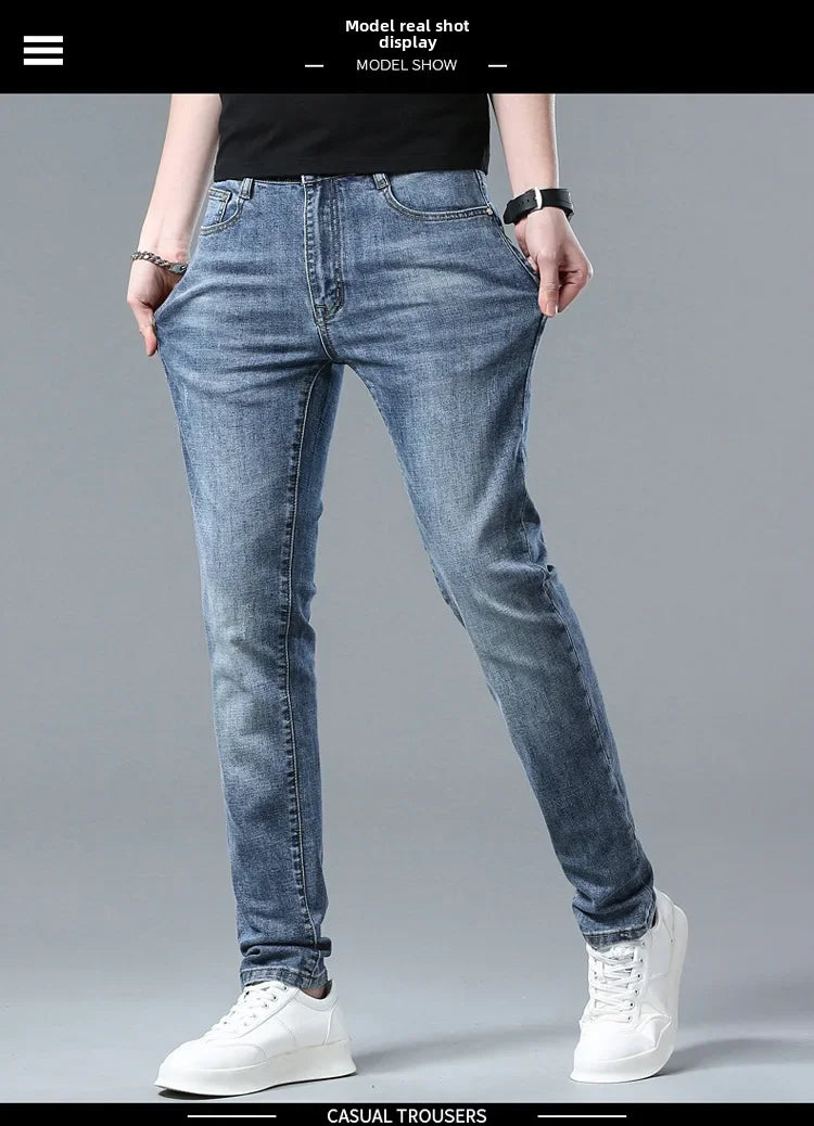 Free Shipping Slim Fit Men's Jeans Straight Leg Europe Trendy Brand Fashionable Washing Long Pants Casual Scene