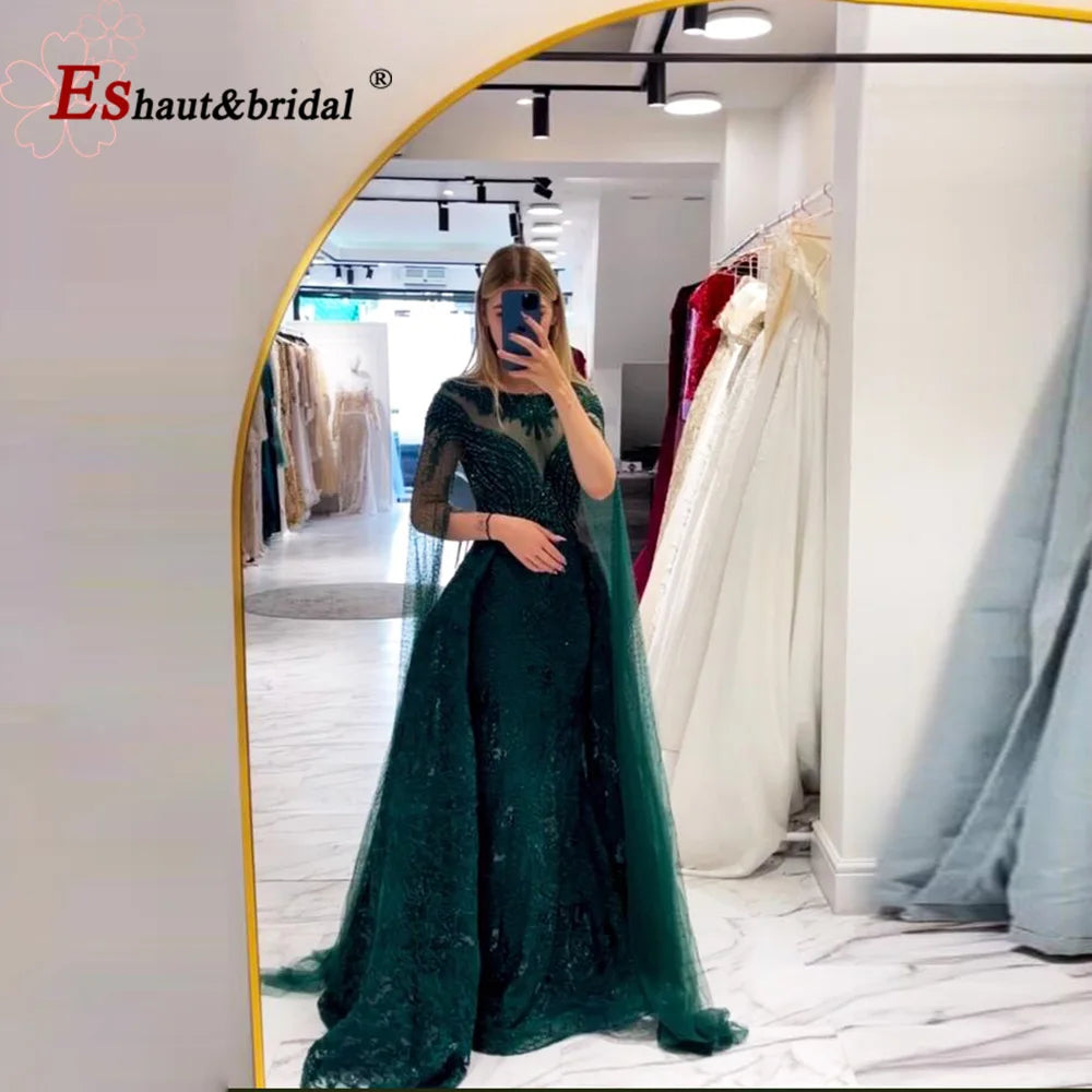 Elegant Green Mermaid Lace Evening Night Dress for Woman 2024 O Neck Crystal Long Cape Sleeves Formal Prom Wedding Party Gowns