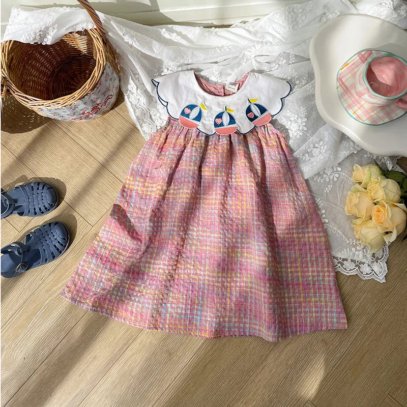 Girls Casual Dresses Rainbow Plaid Sailboat Navy Dress for Girls Preppy Sweet Sleeveless Baby Kids Dresses for Girls