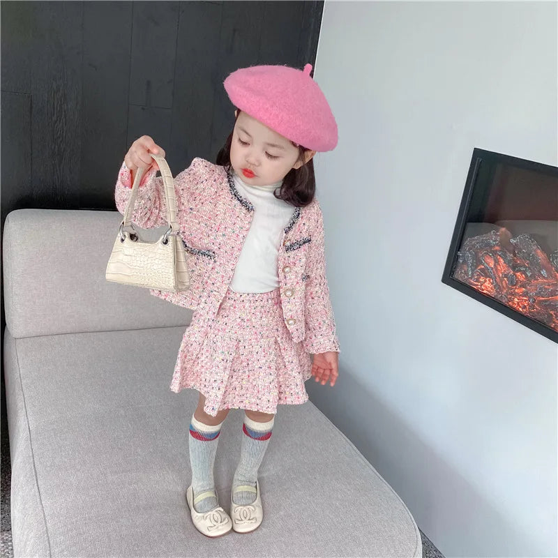 3308E Girls' Clothing Set Sweet Suit 2022 Autumn New Little Fragrant Wind Girl Two Piece Suit Knitted Coat+ Pleated Skirt