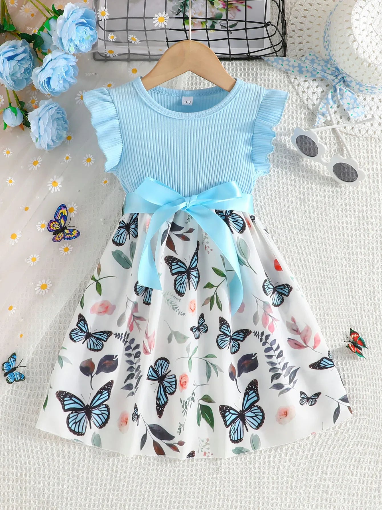 Set For Kids  Girl 3-7 Years old Ruffled Sleeve Butterfly Floral Tulle Cute Princess Formal Dresses with Belt Ootd For Baby Girl