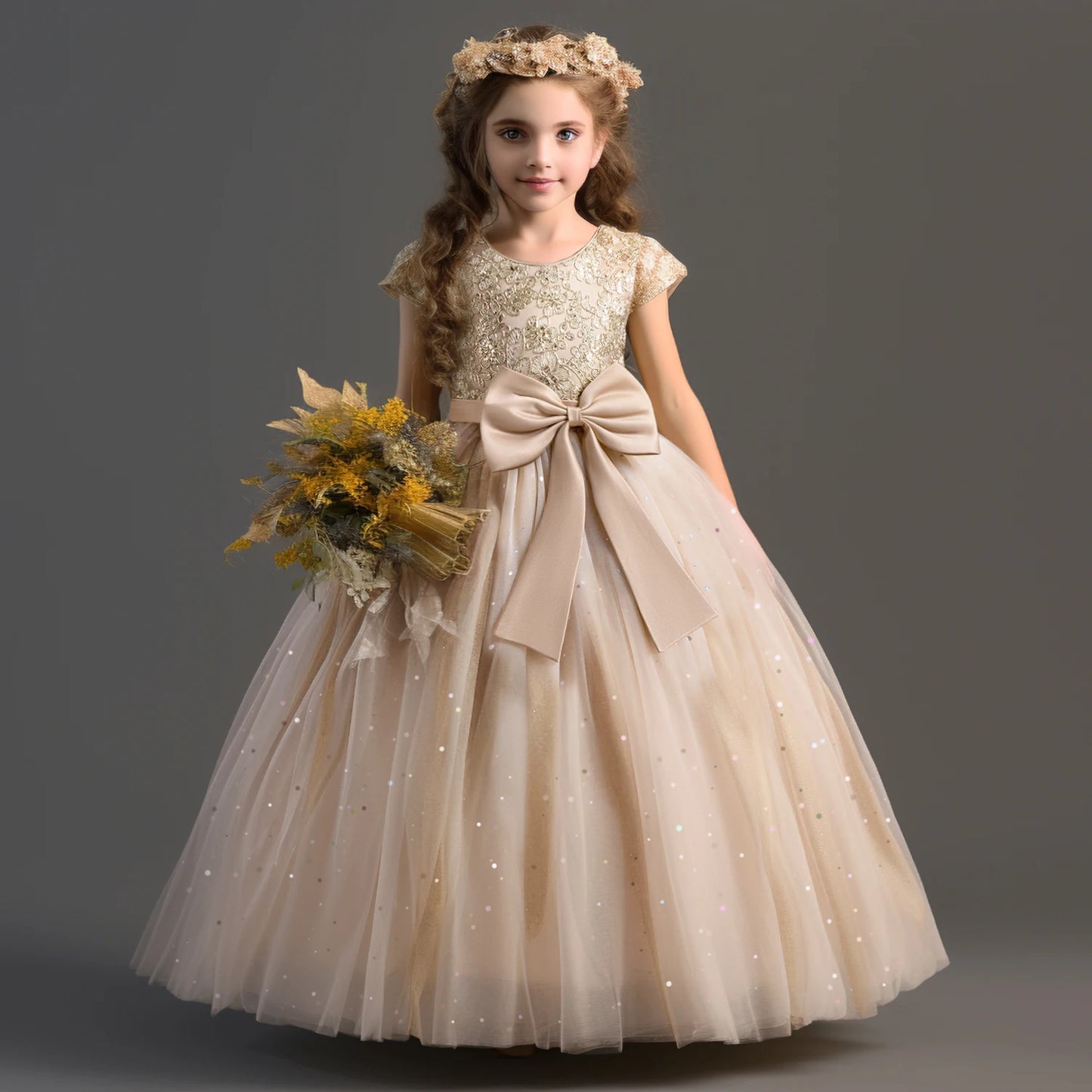 2024 Teen Girls Bridesmaid Flower Dresses for Wedding Elegant Luxury Party Sequin Lace Princess Evening Dress Birthday Prom Gown