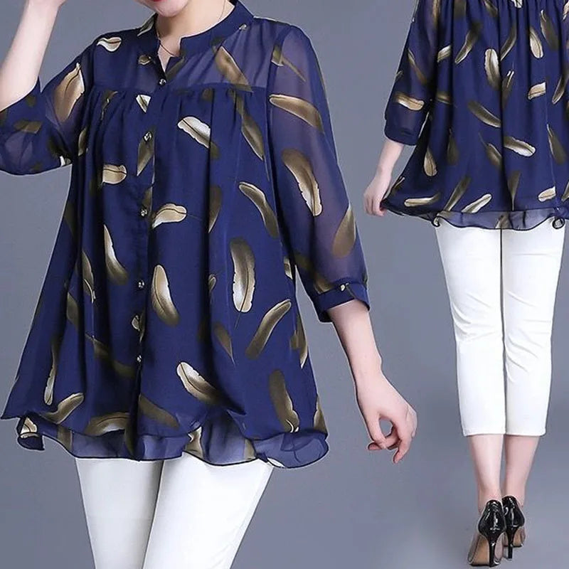 Women's 3/4 Sleeve Casual Printed Chiffon Blouse Summer Fashion New Single-breasted Thin Loose Pullovers Shirt Female Clothing