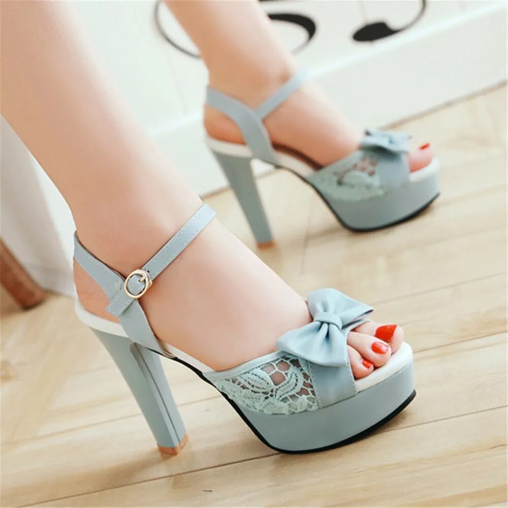 Women Summer Lace Bow Mesh Shoes Fish Mouth High Heel Ladys Platform Sandals Evening White Dress Wedding Female