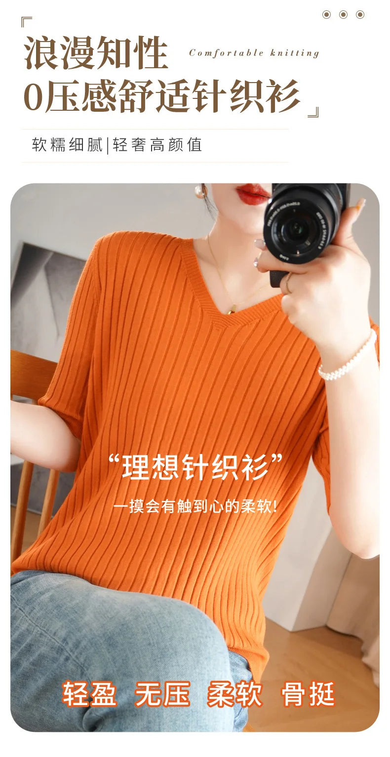 2024 new Women's Clothing Pullovers Sweaters Spring Summer New V-neck Short sleeved Knitted Shirt Base Shirt Solid Color Jumpers