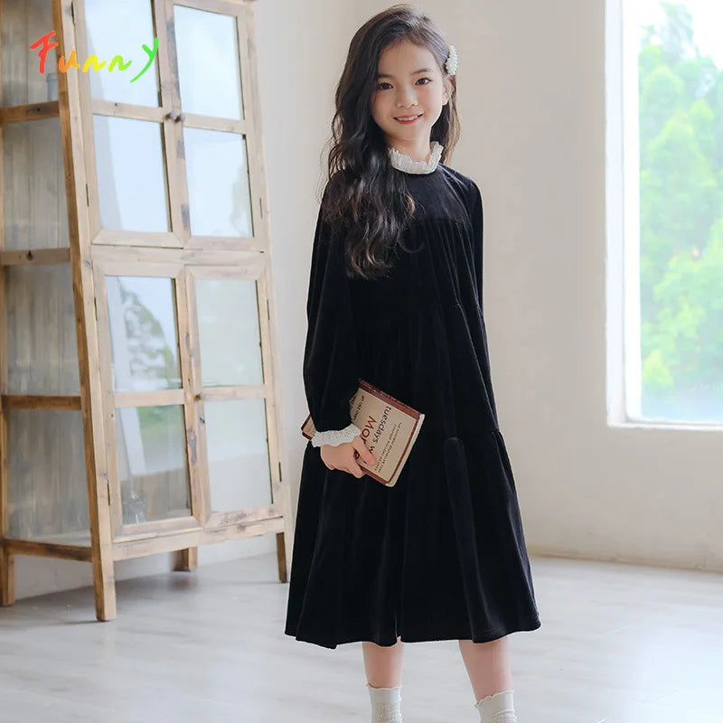 Black Velvet Dress for Girls Autumn Winter Kids Clothes Elegant Girl Princess Dress Long Sleeve Party Midi Vestidos 6 to 16 Yea