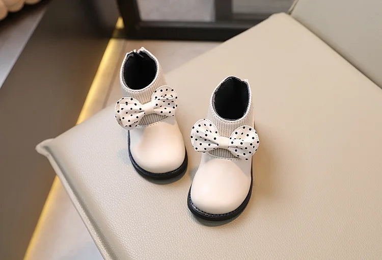 Children's Cotton Boots Winter New Kids Shoes Bow Girls Soft Bottom PU Leather Boots Baby Side Zipper Design Boots Toddler Shoes