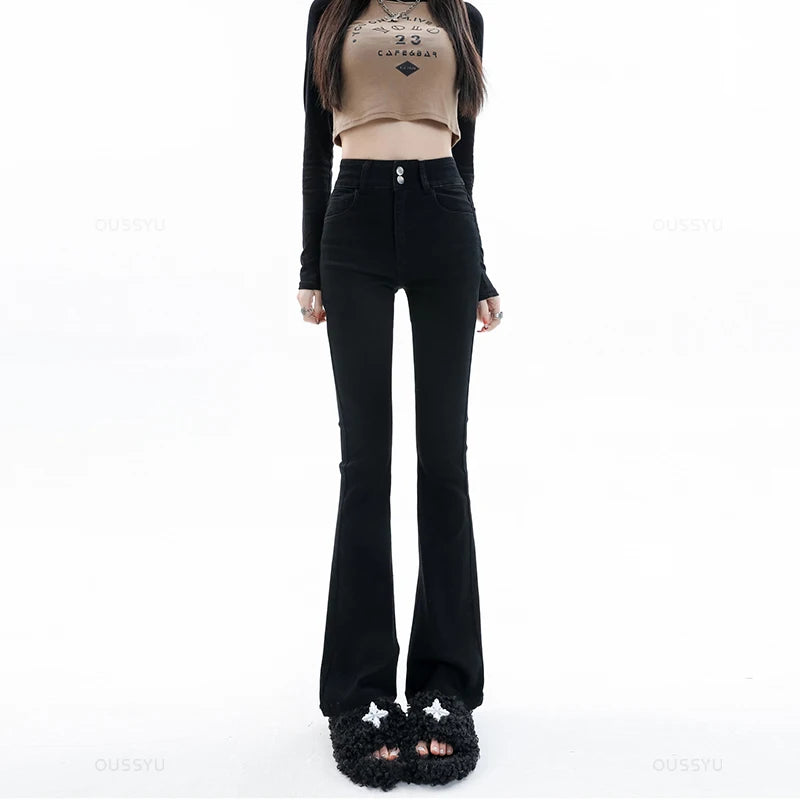 ARWEN & AJH GROUP مجموعه اروين Women Jeans Cotton Denim Flared Pants Elastic Force Vintage Streetwear High Waist Slim Mom Harajuku Trousers Plus Length