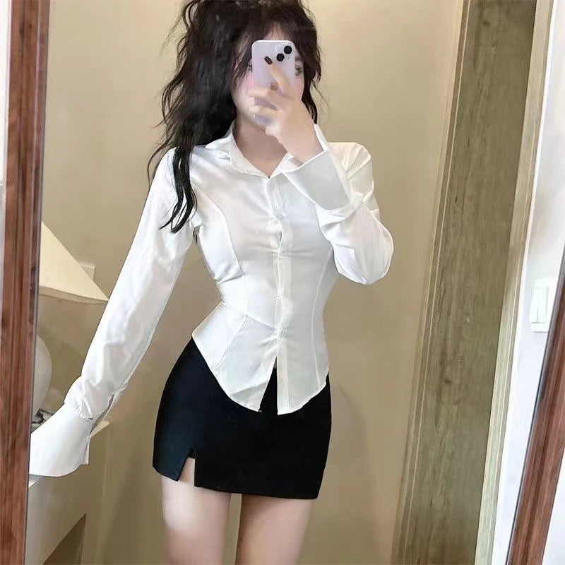 Sexy Slim Bandage Shirts Women Y2K Fashion Lapel Bell Sleeve White Blouses Female Korean Streetwear Spring Buttons Tops New