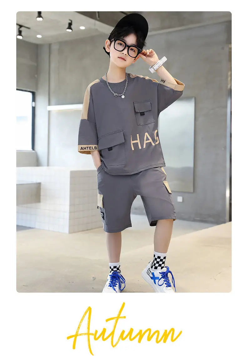 Summer Teenage Boy Short Sleeve Clothes Set Children Letter Print Top and Bottom 2 Pieces Suit Kid T-shirts Shorts Tracksuit