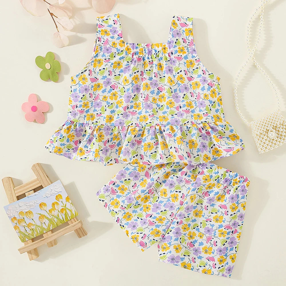 Baby Girl Clothes Set Full Flower Print Sweet Child Loungewear Toddler Girl Outfit Strap Vest+Short Pant 2Pcs Girl Suit A1207