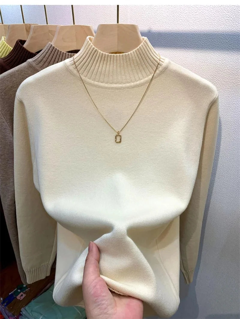 2024 Autumn Women Pullover Sweater Fashion Half Turtleneck Knitted Female Jumper Long Sleeve Winter Black Soft Elastic Blouse