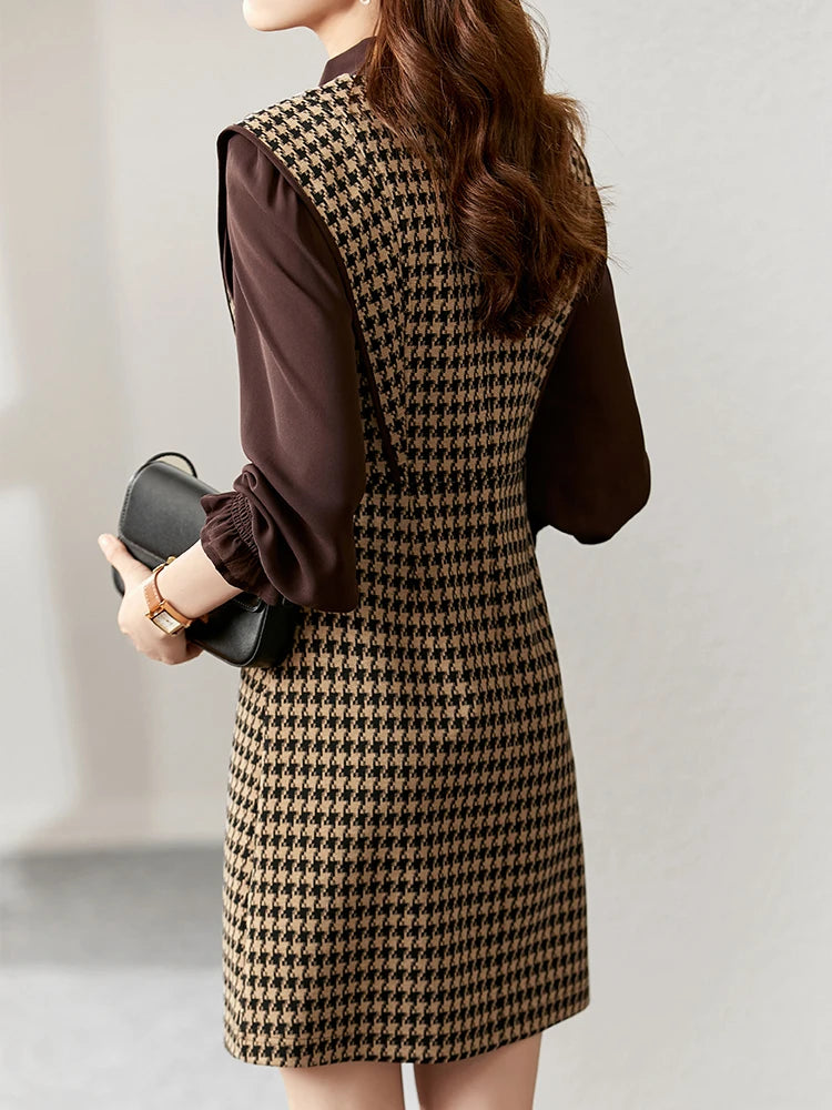 ARWEN & AJH GROUP Elegant Two Piece Tweed Dress Sets for Women  Autumn Winter Fashion Office Outfits Long Sleeve Chiffon Shirt Dress