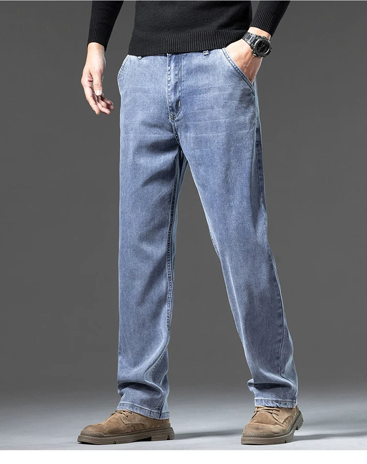 Autumn and Winter Lyocell Jeans Men's Loose Straight Business Pants High Waist Retro Spring and Fall Thick Section Retro Blue Of