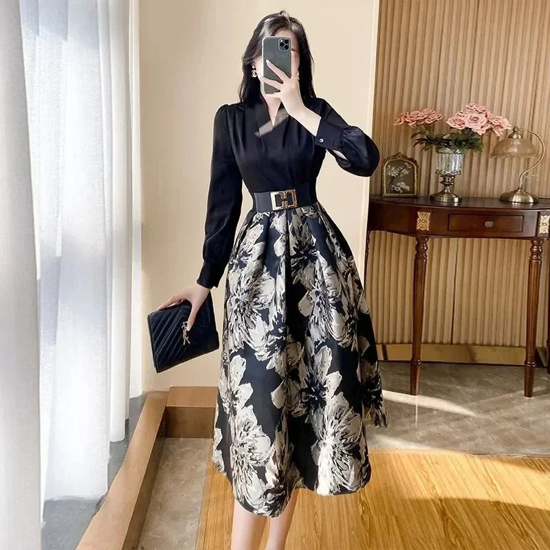 ARWEN & AJH GROUP Women's Printed Dress Autumn Winter 2024 New Luxury Celebrity Temperament French Fake Two Piece Long Sleeve Dress Female